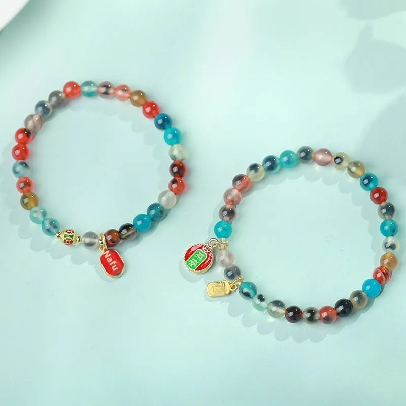 Natural colourful sugar heart agate bracelet with traditional Chinese symbols and copper coin elements on snake chain