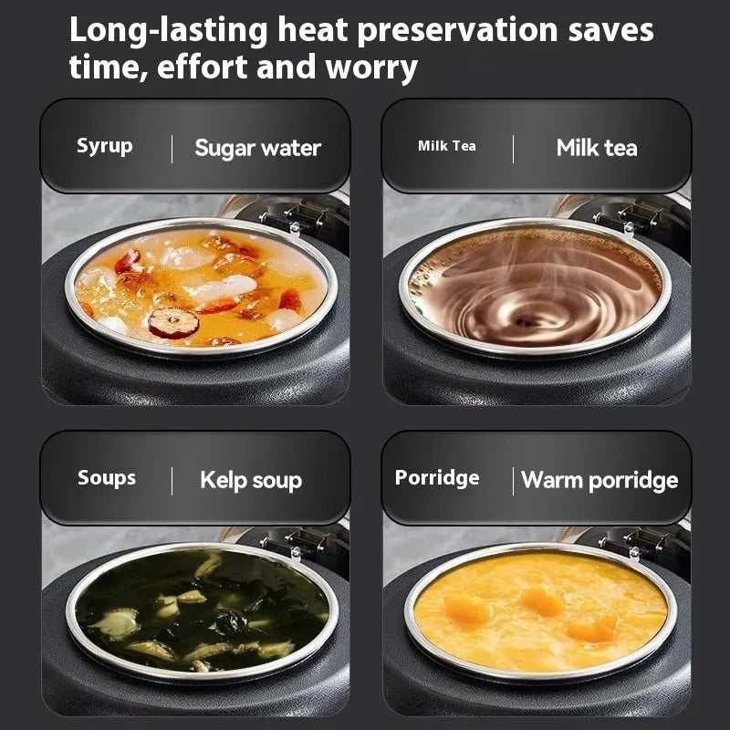 Black stainless steel electric insulation soup pot with steel lid, 10 litre capacity.