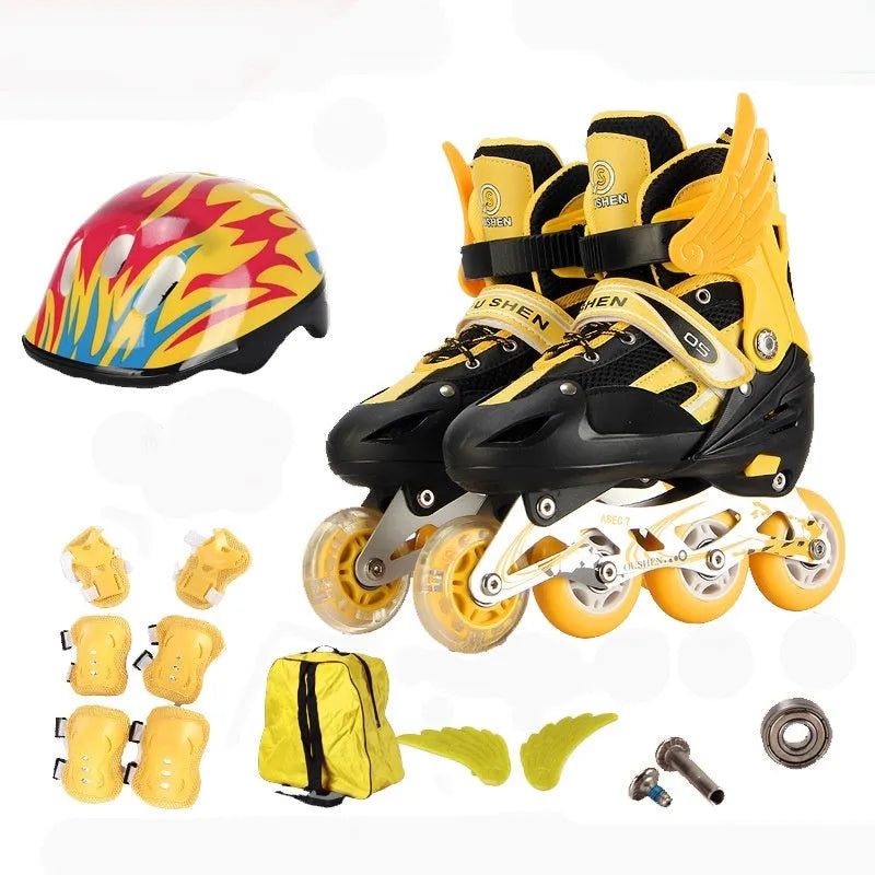 Adjustable children's inline skates with aluminium bracket in five colours including protective gear set