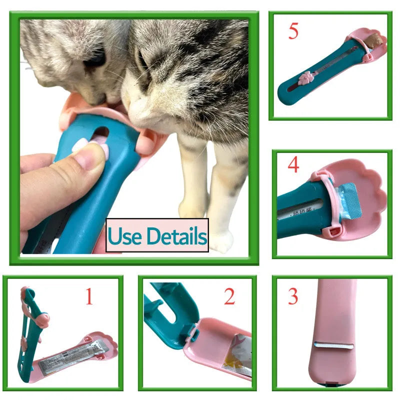 22cm green and pink pet food squeezer scoop with clear reservoir and soft silicone tip