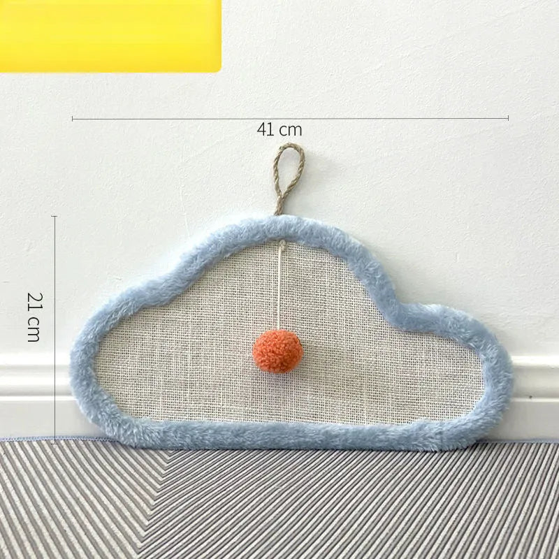 White cat scratching mat with sleeping cat pattern, made from natural sisal, shown mounted on a wall