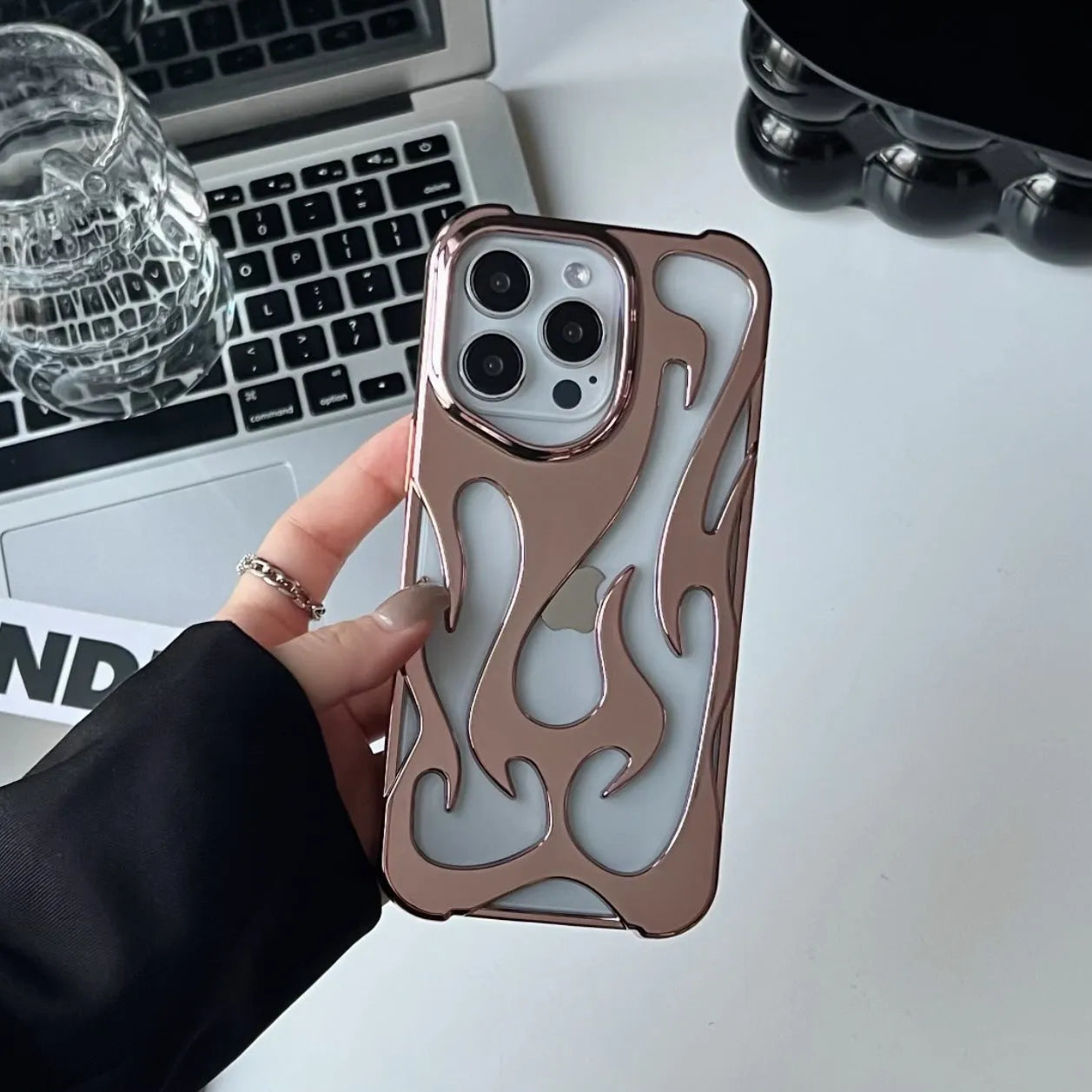 Electroplated hollow flame pattern phone case for Apple iPhone with metallic finish and heat dissipation design