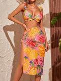 Women's printed split design swimsuit three-piece set with coordinating skirt in polyester fabric