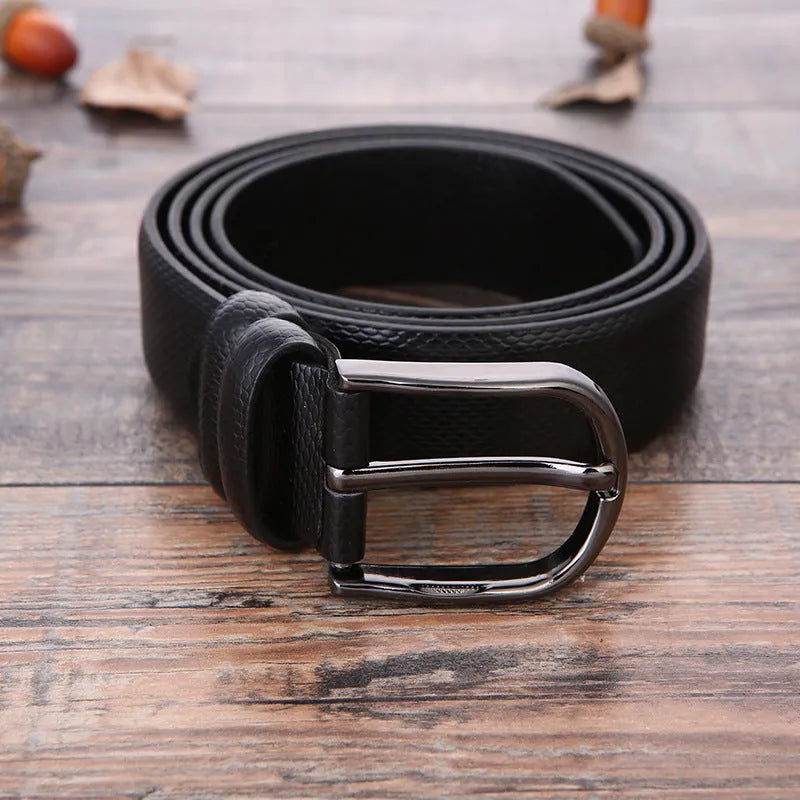 Men's business belt showing laser pattern detail with alloy pin buckle on imitation leather strap