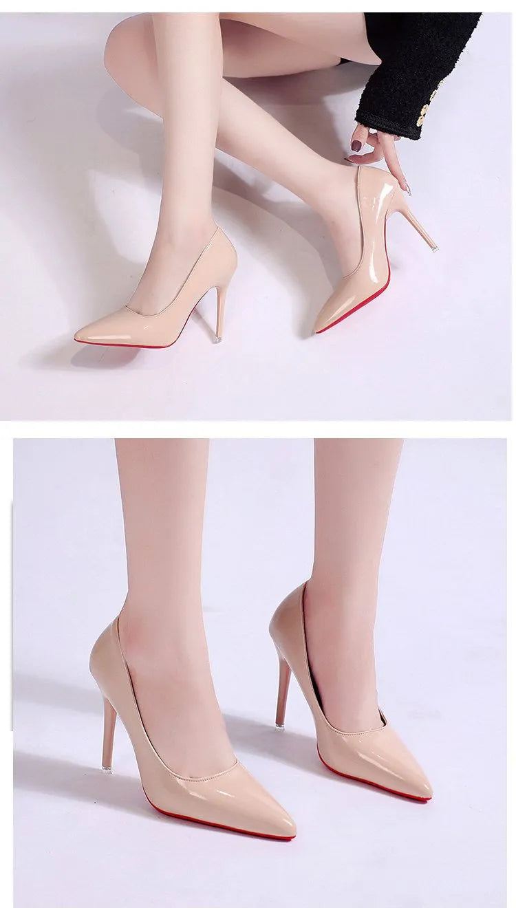Women's solid colour stiletto heel pumps with pointed toe and shallow mouth opening