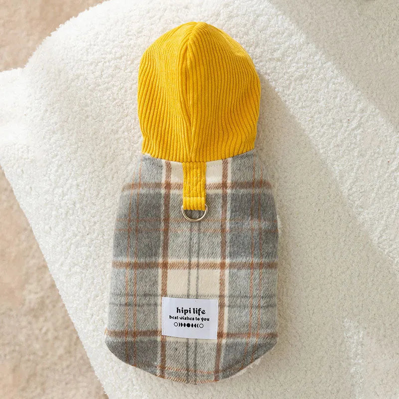Blue corduroy dog vest with chessboard grid pattern and hooded design for winter walks