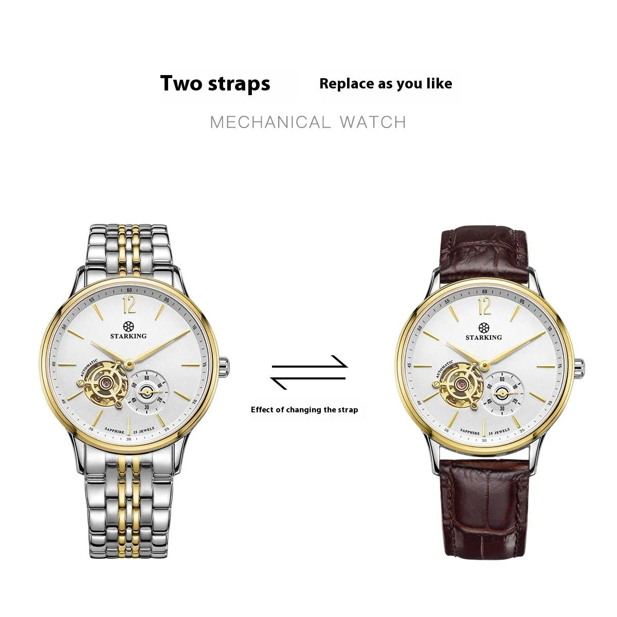 Automatic mechanical men's business watch with hollow three-needle dial and stainless steel case