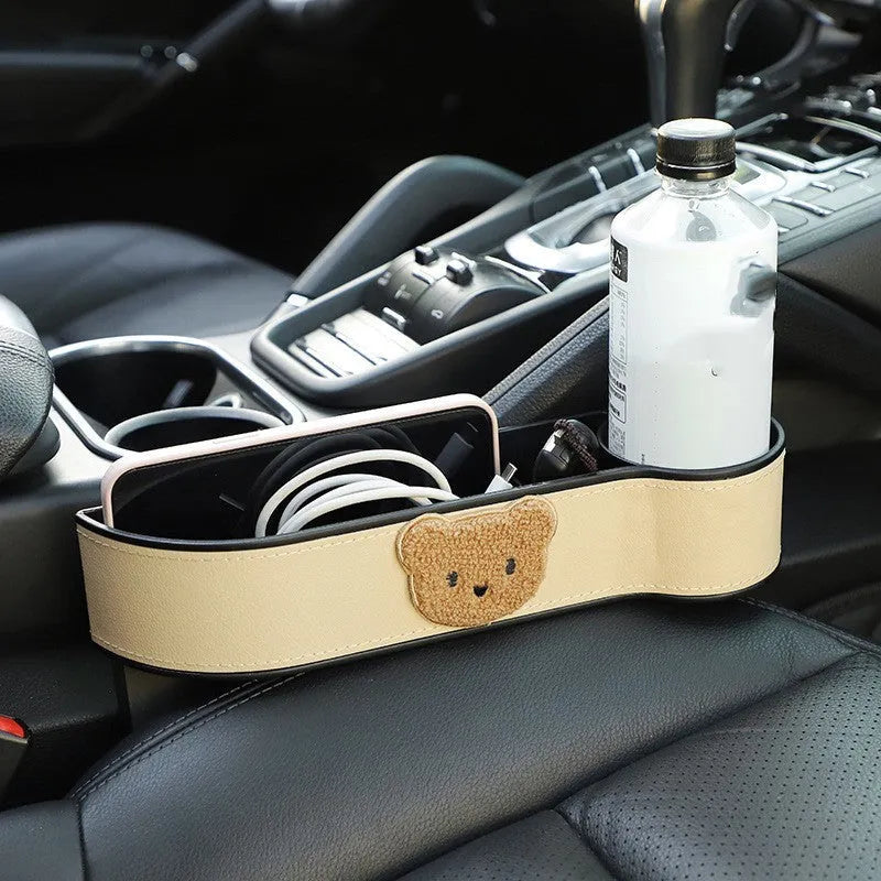 Leather car seat gap storage box with cartoon bear design for vehicle interior organisation