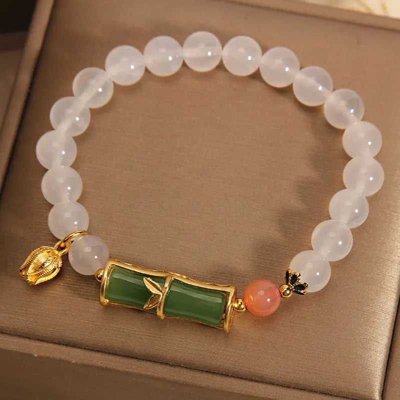 White agate jasper and jade bamboo beaded bracelet in Chinese retro style for women