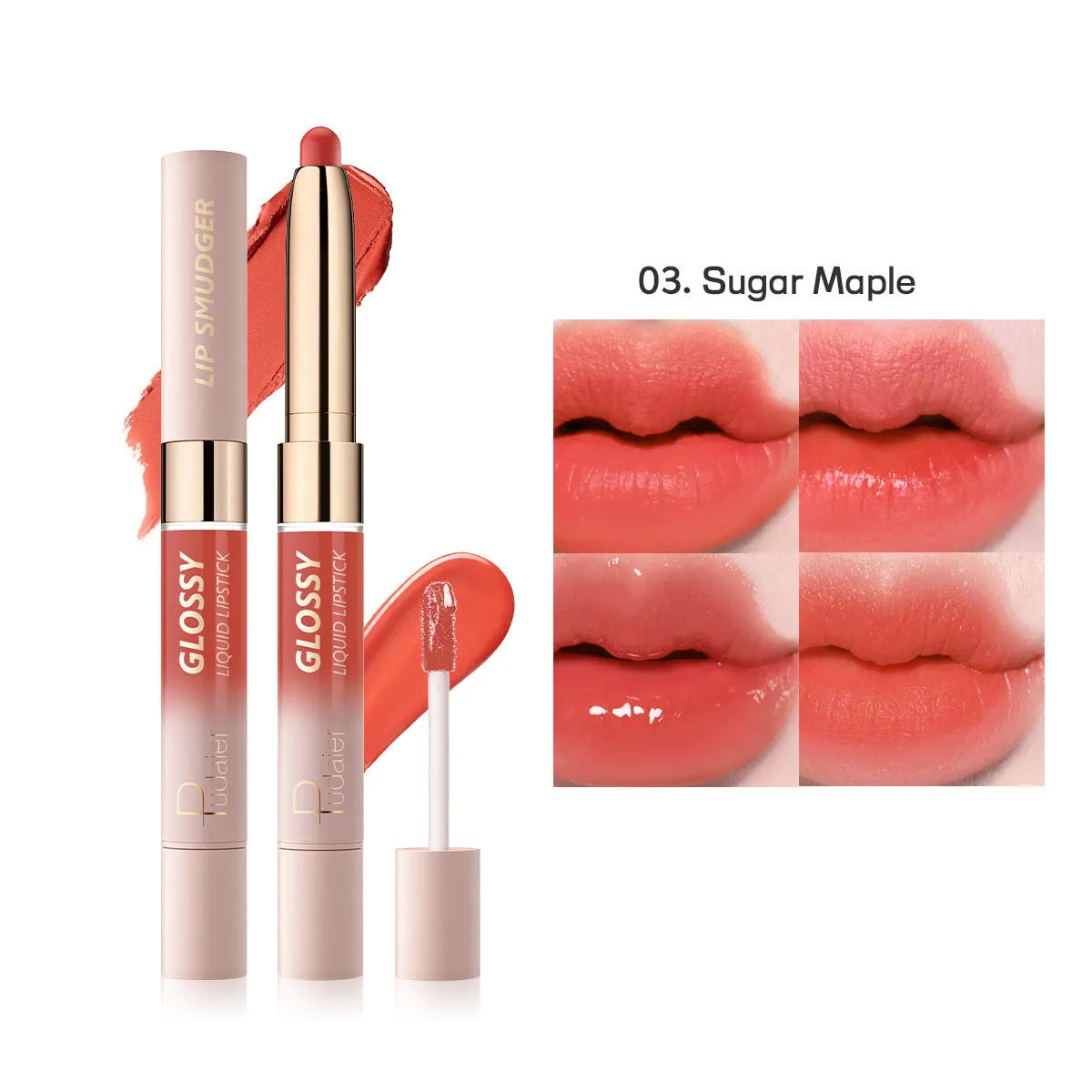Double-headed lipstick showing matte finish on one end and matching gloss on the other