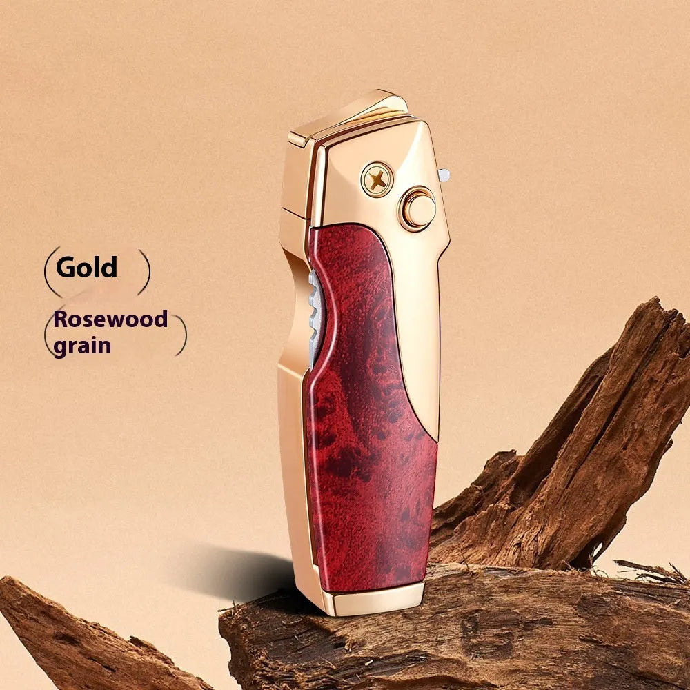 Zinc alloy folding lighter tool with integrated knife in a black wood grain finish.