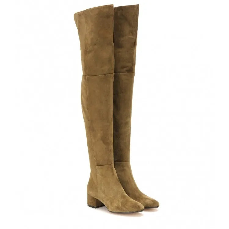 Women's grey suede over-the-knee flat boots with a pointed toe and thick low heel.