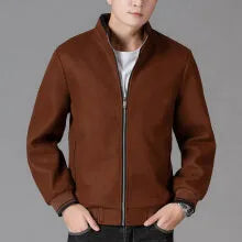 Men's grey sporty fleece jacket with stick pockets, shown on a hanger.