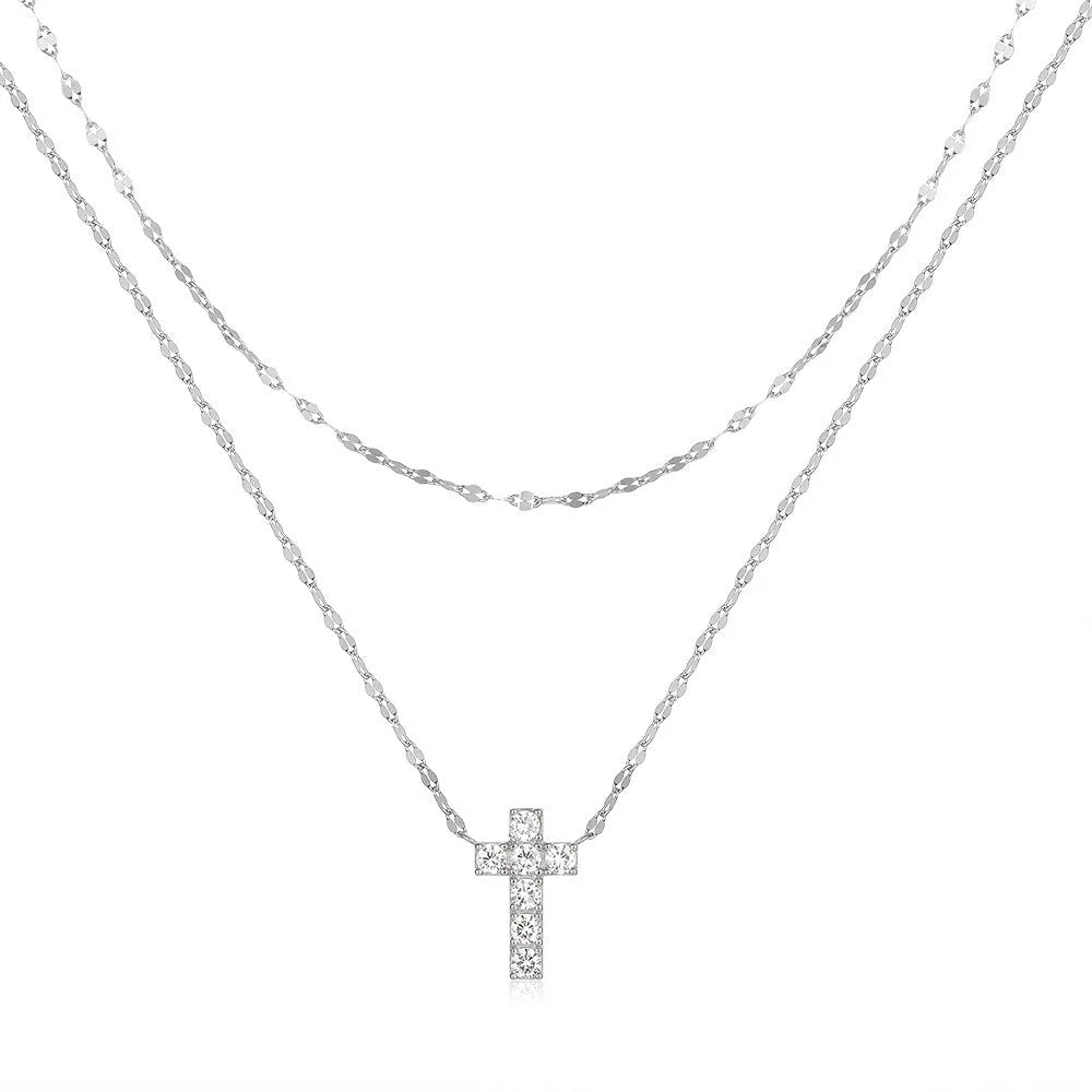 S925 sterling silver double layer cross pendant necklace with diamond accents on a clavicle chain.