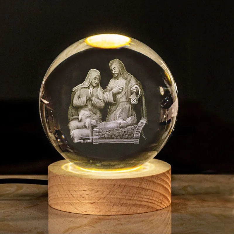 White crystal lamp with 6cm diameter orb on solid wood warm light base showing religious ornamentation