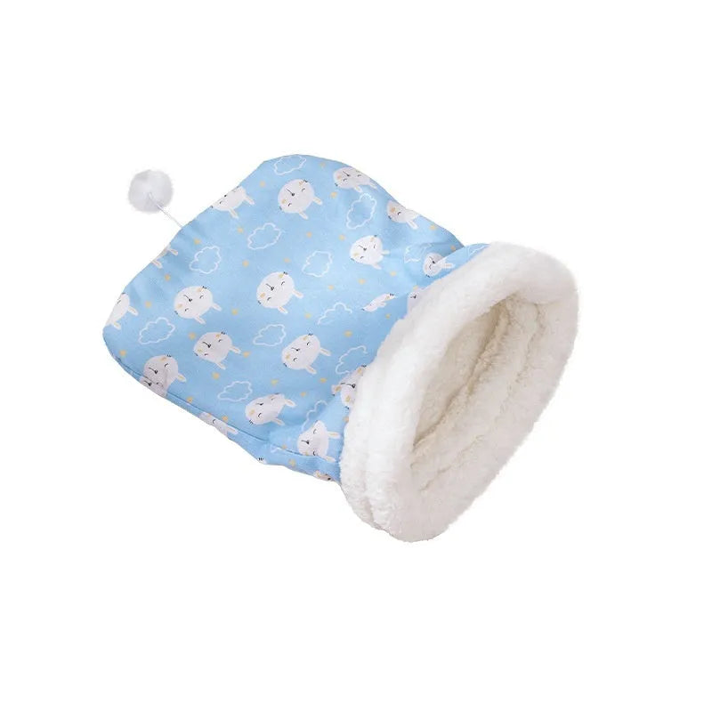 Blue rabbit pattern cat sleeping bag nest measuring 50x40cm with removable flannel bedding