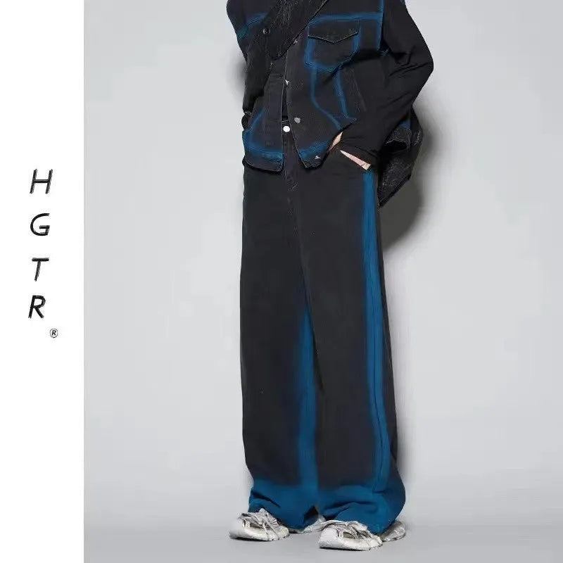 Blue distressed fleece-lined vest and jeans suit set on a hanger