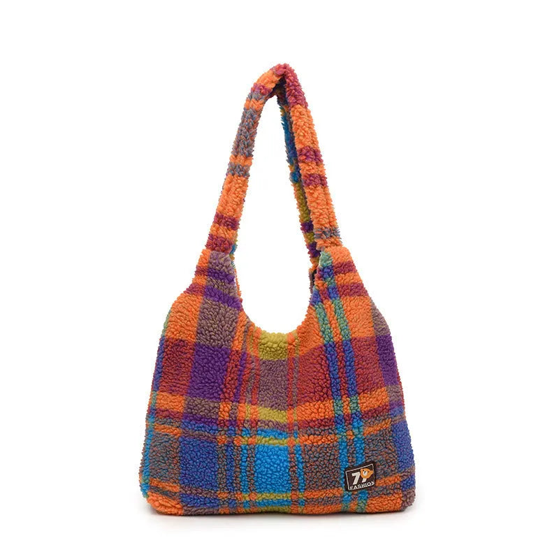 Women's soft plush plaid shoulder crossbody tote bag with large capacity