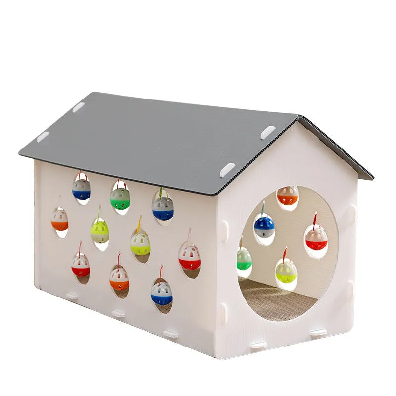 Plastic cat scratch board toy with integrated cat nest bed and tunnel, featuring a bell ball.