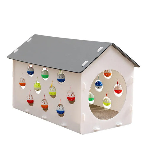Plastic cat scratch board toy with integrated cat nest bed and tunnel, featuring a bell ball.