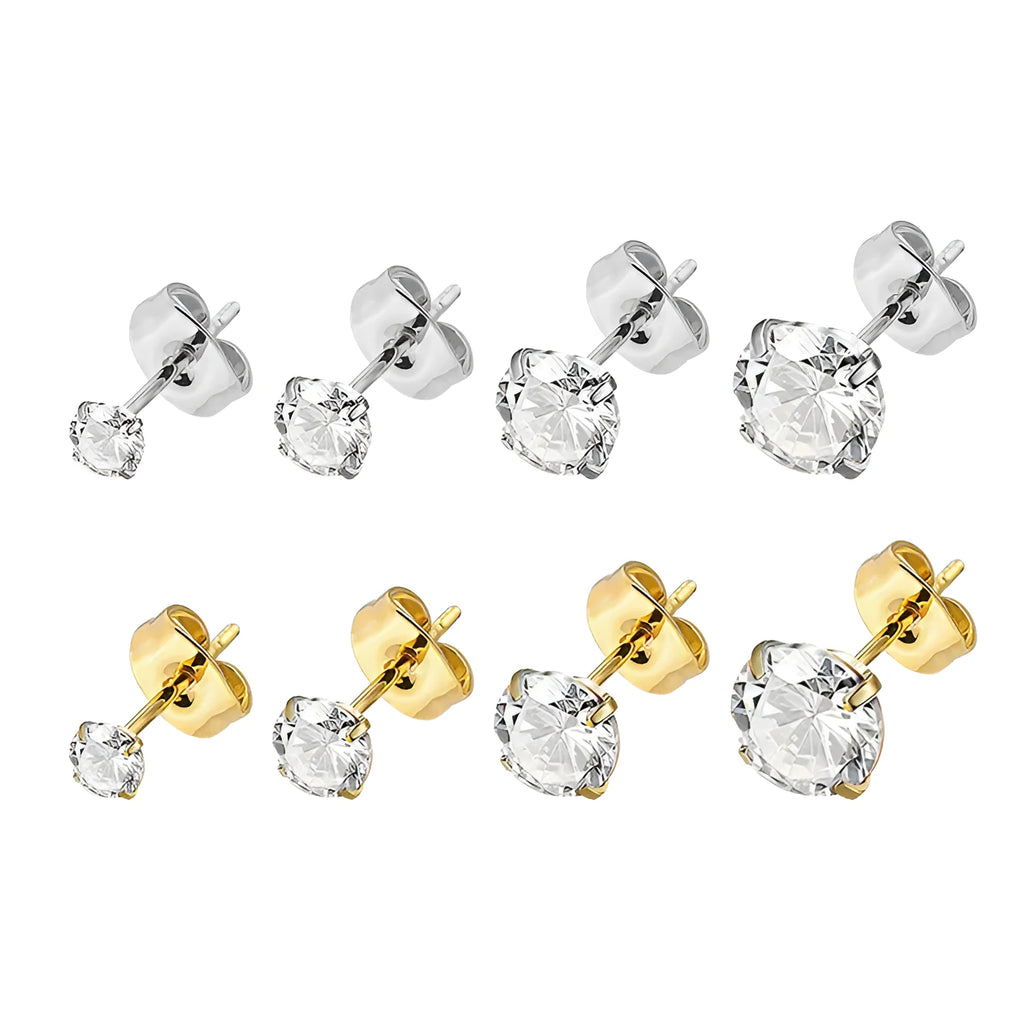 Geometric titanium stainless steel stud earrings with round zircon stone in gold colour.