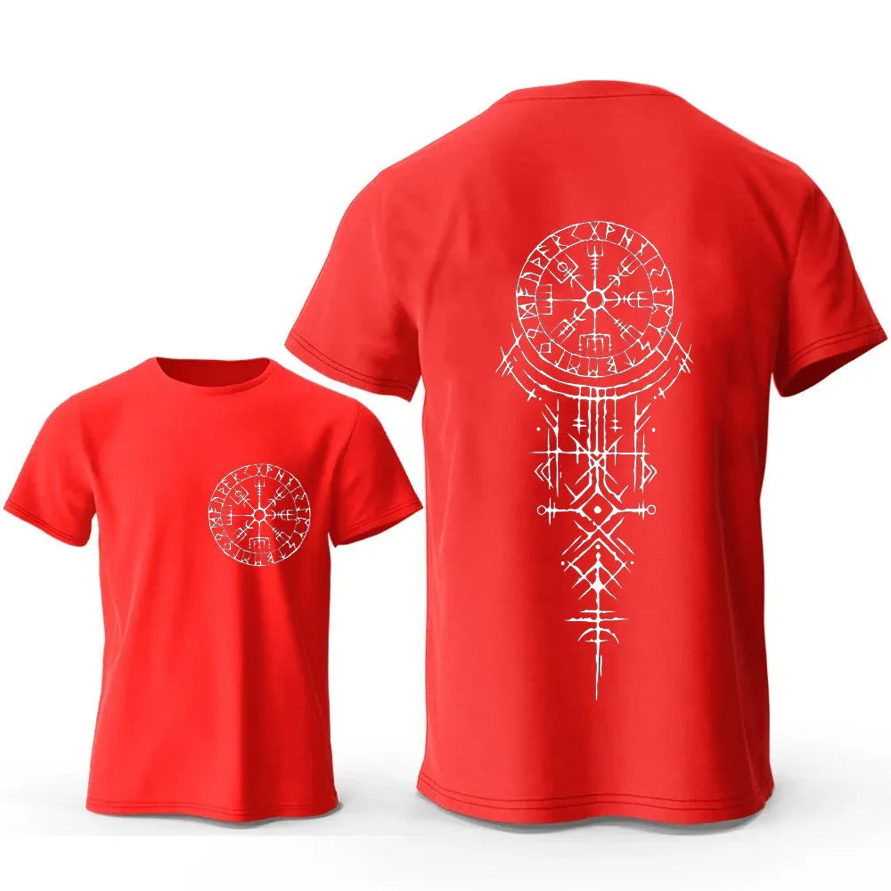 Viking rune compass graphic on a men's pure cotton T-shirt.