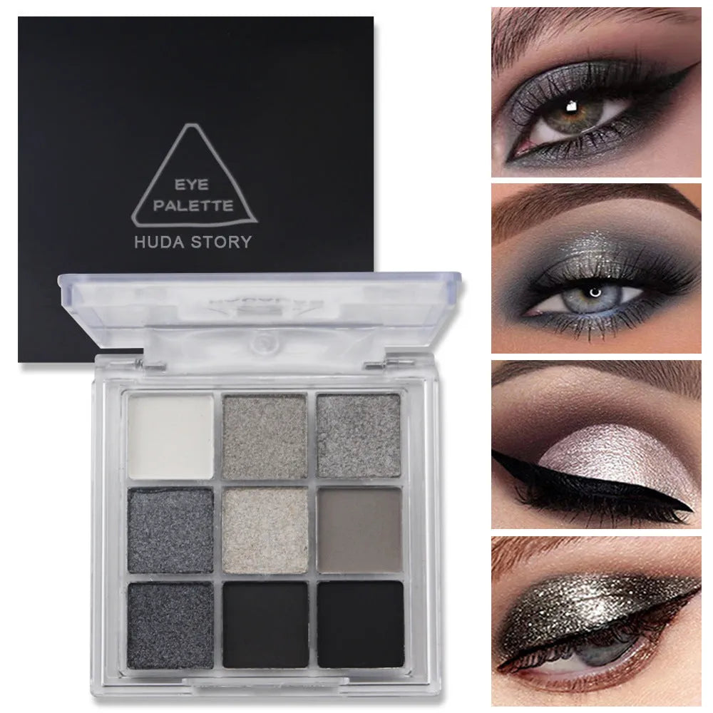 Smoked case nine colour eye shadow palette showing white, silver, black, and iron grey shades