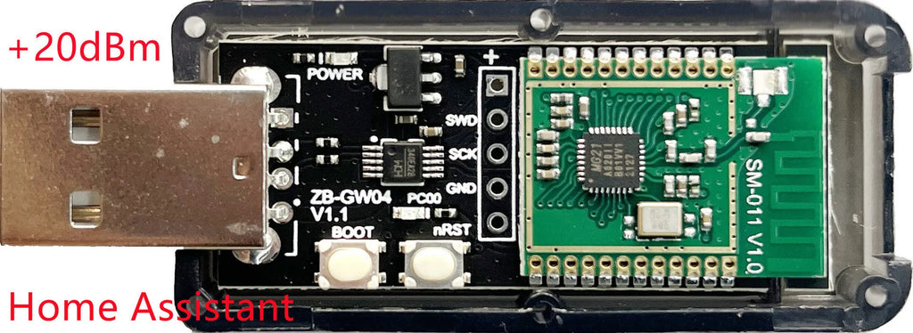 Silicon Labs EFR32MG21 Zigbee USB Dongle in plastic housing for Home Assistant.