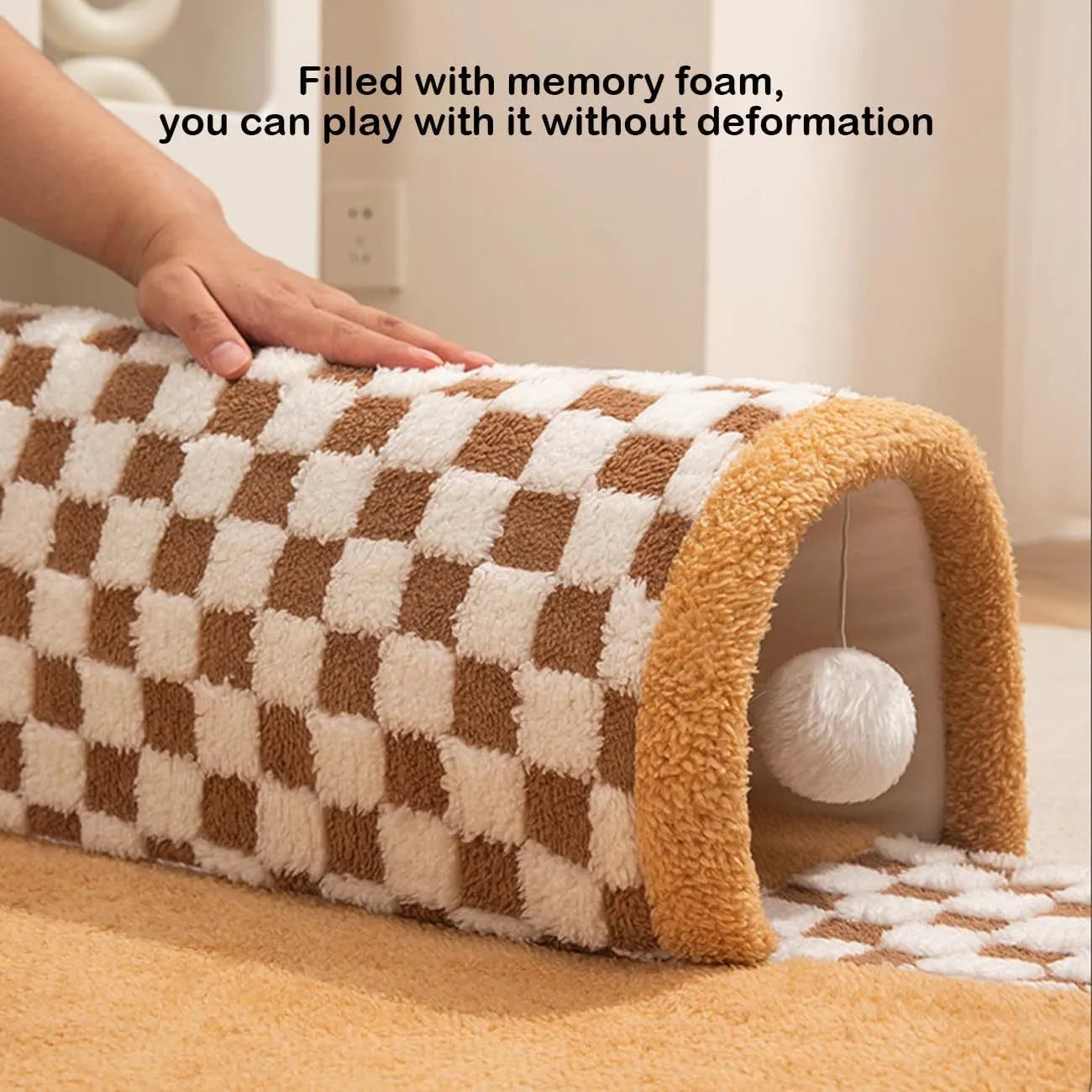 XL fan-shaped plush pet bed tunnel with a coffee plaid pattern and anti-slip base.