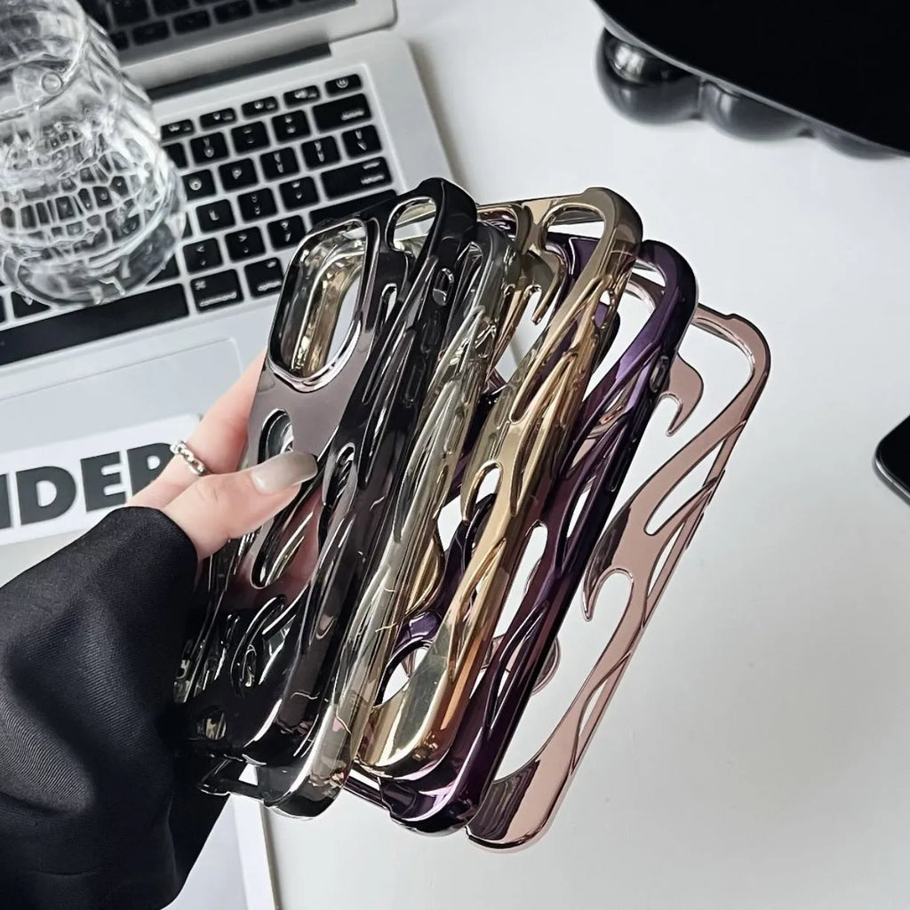 Electroplated hollow flame pattern phone case for Apple iPhone with metallic finish and heat dissipation design