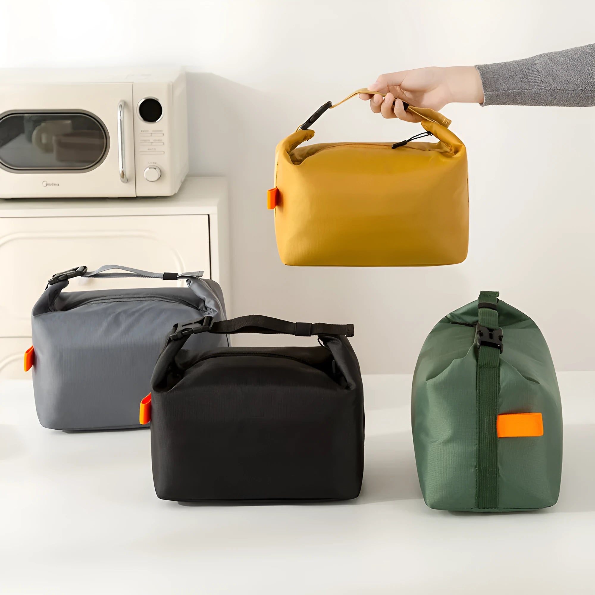 Japanese style insulated storage bag in Oxford cloth with wide opening for food items