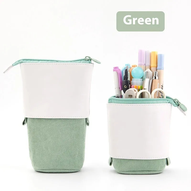 Korean style telescopic drop-down stationery case in six PU corduroy colour options