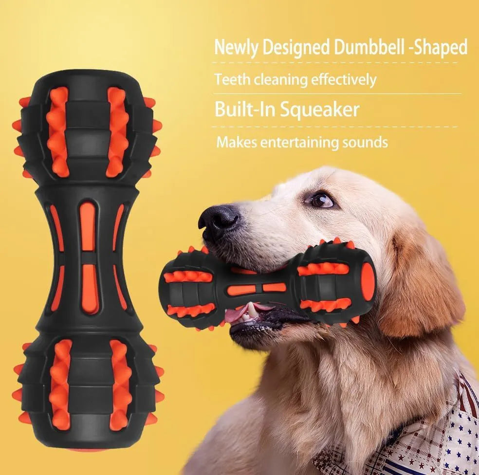 Red rubber dumbbell-shaped dog chew toy for aggressive chewers with textured surface