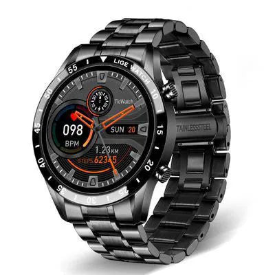 Stainless steel smart watch with 1.3-inch display showing step counting data on wrist