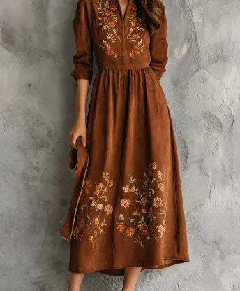 Brown midi dress with floral embroidery on polyester suede fabric, leisure style