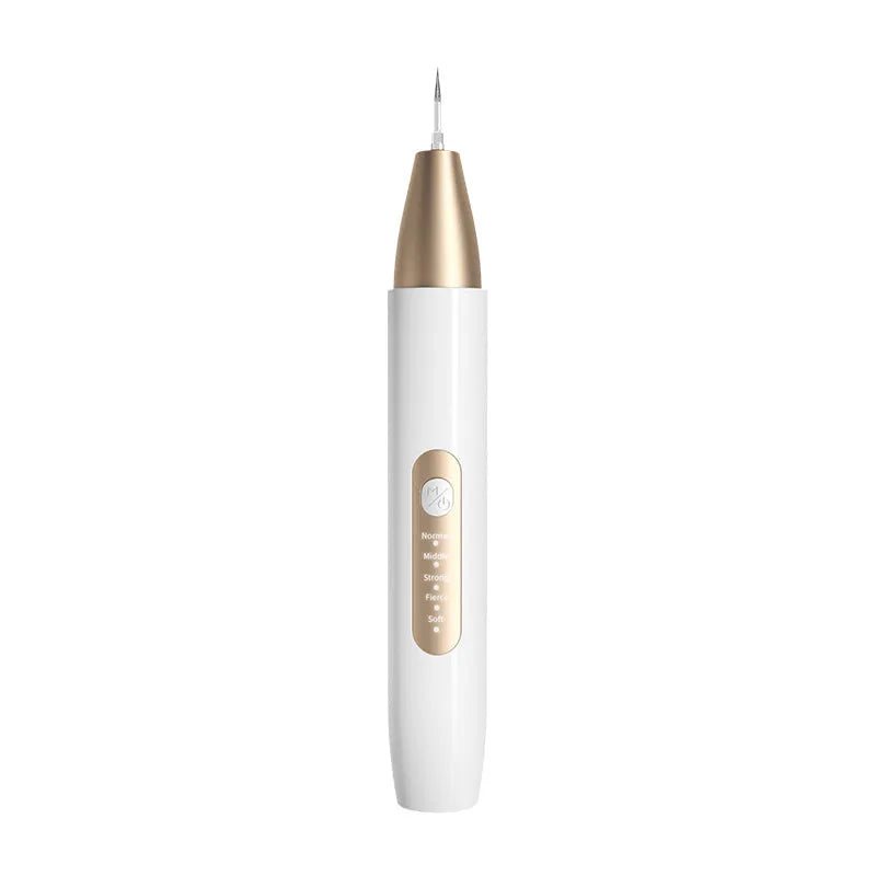 Gold-finish ultrasonic tooth cleaning device for removing tartar and surface stains.