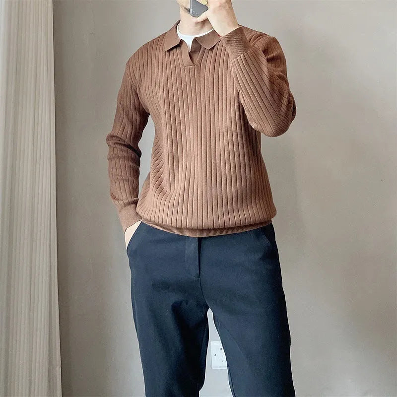 Loose striped lapel knitted sweater for boys in Army Green colour