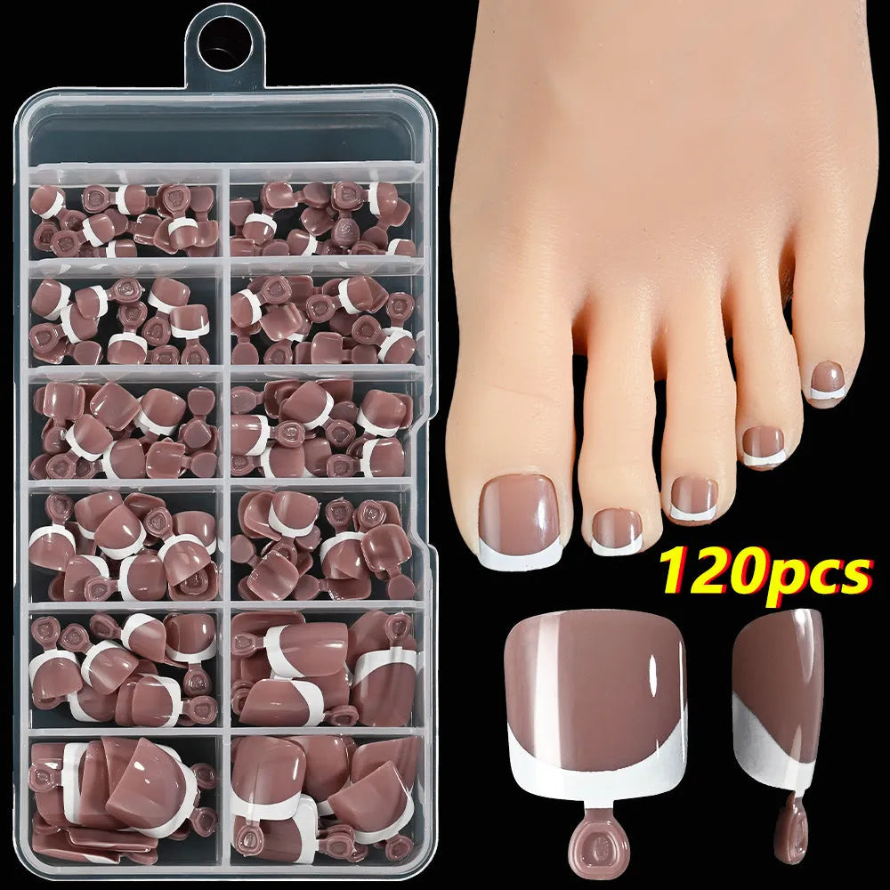 French white edge feet nude full square short artificial nail pieces 120pc boxed set showing multiple nude colour shades