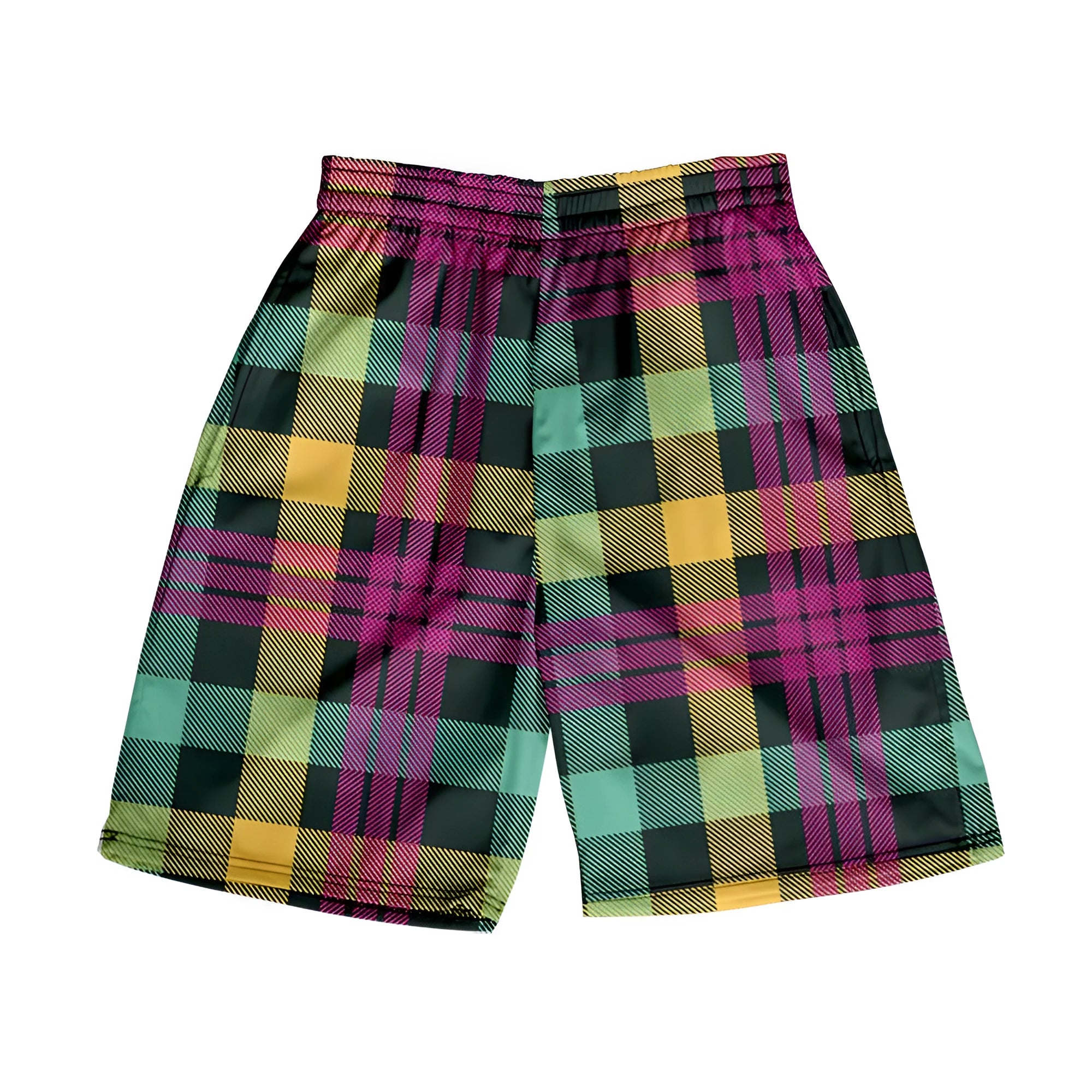Men's polyester plaid shorts with elastic waistband in straight cut for casual wear