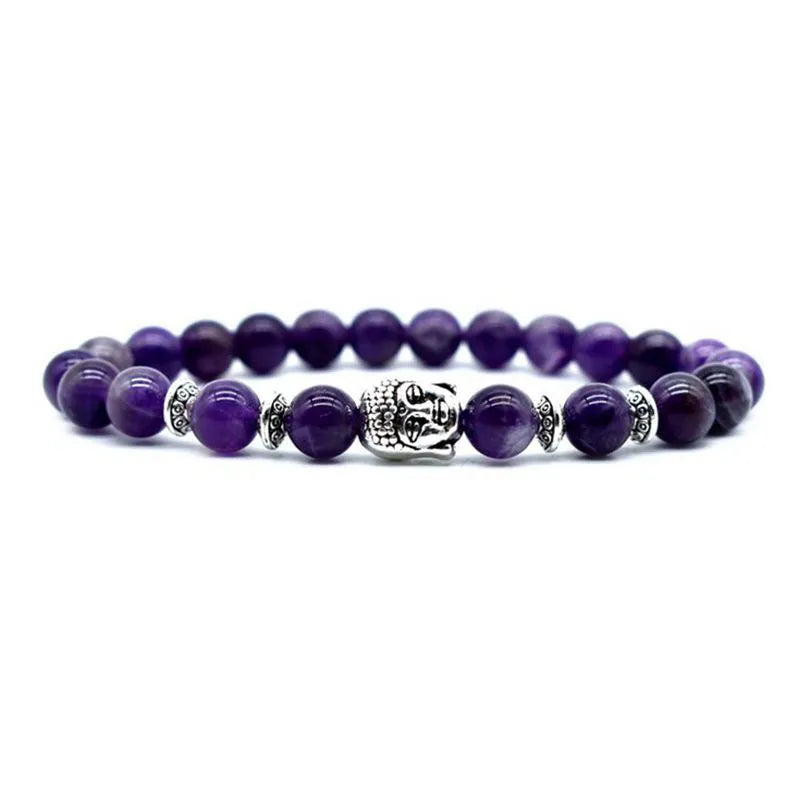 Handcrafted unisex bracelet with a 19mm Buddha head bead in amethyst, tiger eye, black agate, pink crystal, or green gold.
