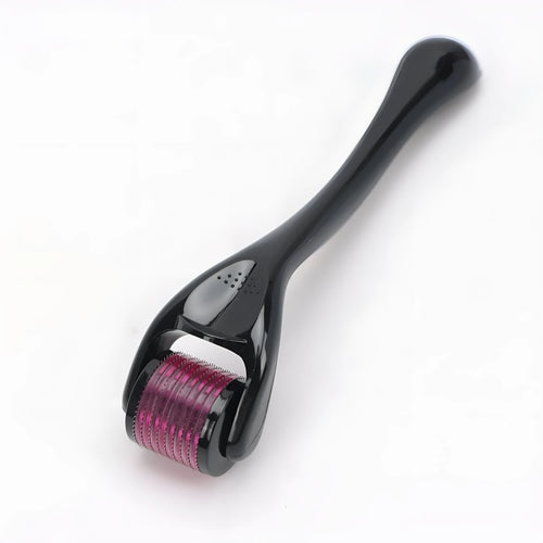 540 needle micro roller dermaroller with black handle and purple wheel, showing needle depth settings.