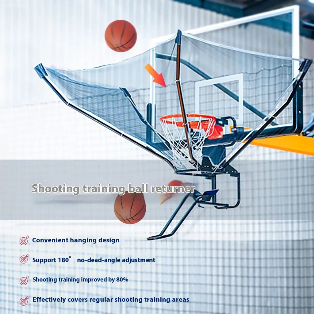 Basketball training ball return automatic serve device with cowhide leather and iron construction hanging from hoop