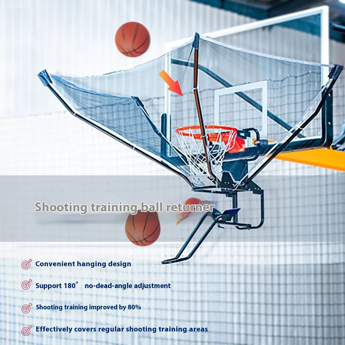 Basketball training ball return automatic serve device with cowhide leather and iron construction hanging from hoop