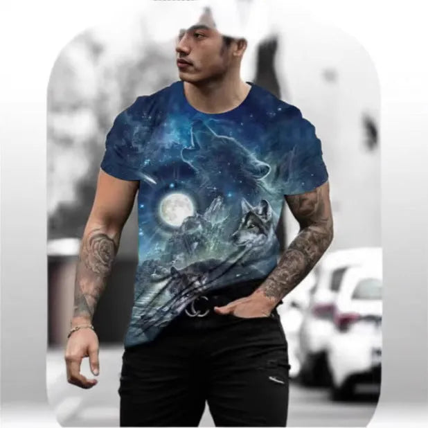 Man wearing a short-sleeved grey t-shirt with a retro 3D graphic print of a wild animal on the front.