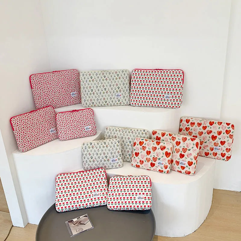 Women's floral cloth laptop bag in green flower, red heart, pink flower, or red flower patterns