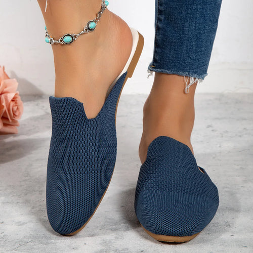 Casual mesh slip-on sandals with round toe, cloth upper and rubber sole in blue green or apricot colors for summer leisure