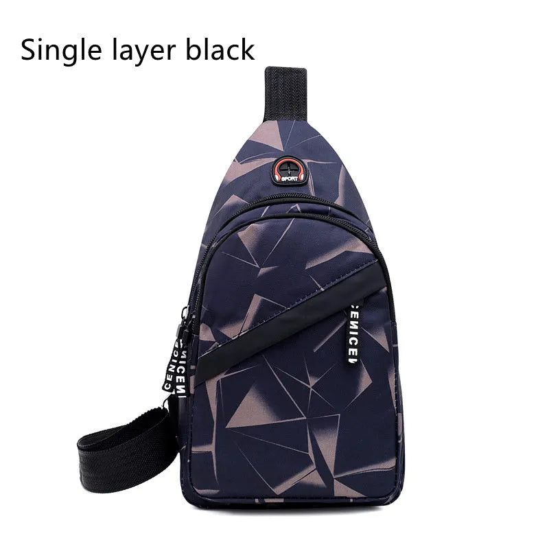 Men's Oxford cloth sling chest bag with earphone hole showing crossbody strap and zipper closure