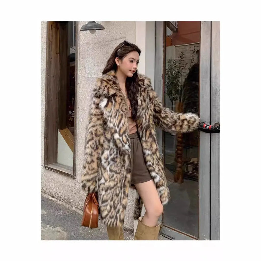 Women's faux fur coat with real fur collar in street fashion style