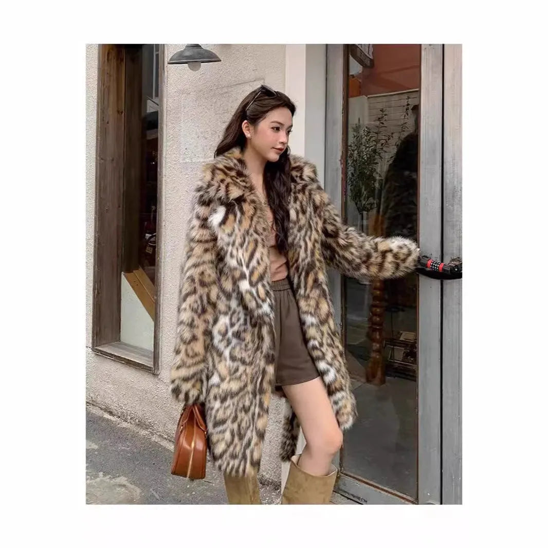 Women's faux fur coat with real fur collar in street fashion style