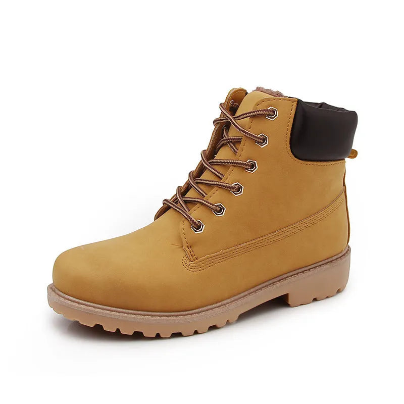 Pink men's high-top Martin boots with velvet lining, round toe, and front lace-up closure.